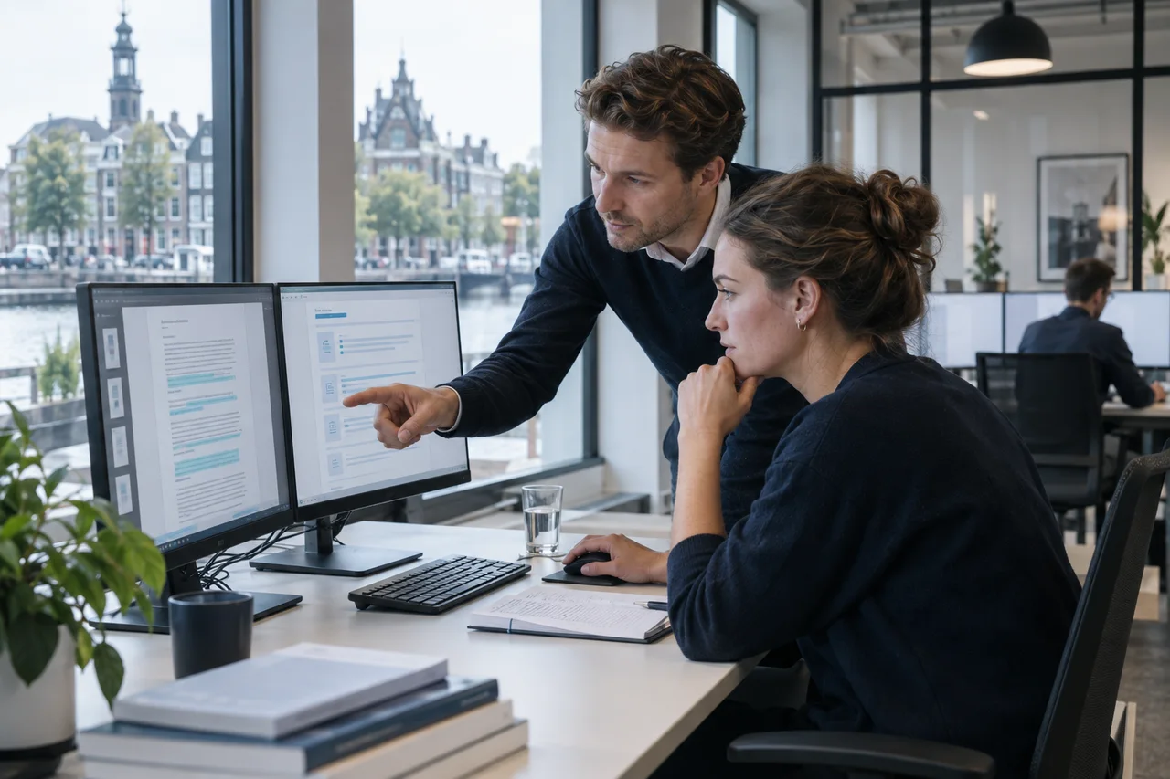 Twee professionals beoordelen samen een digitaal dossier met AI-ondersteuning
