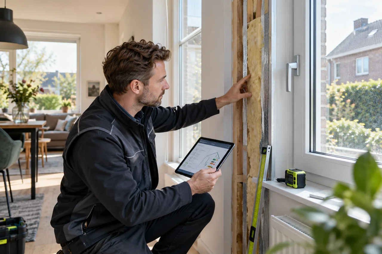 Energieadviseur inspecteert woningisolatie en gebruikt daarbij een tabletapplicatie