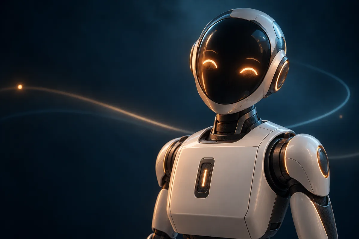 Vriendelijke futuristische robot in warm licht, als illustratie van automatisering en AI