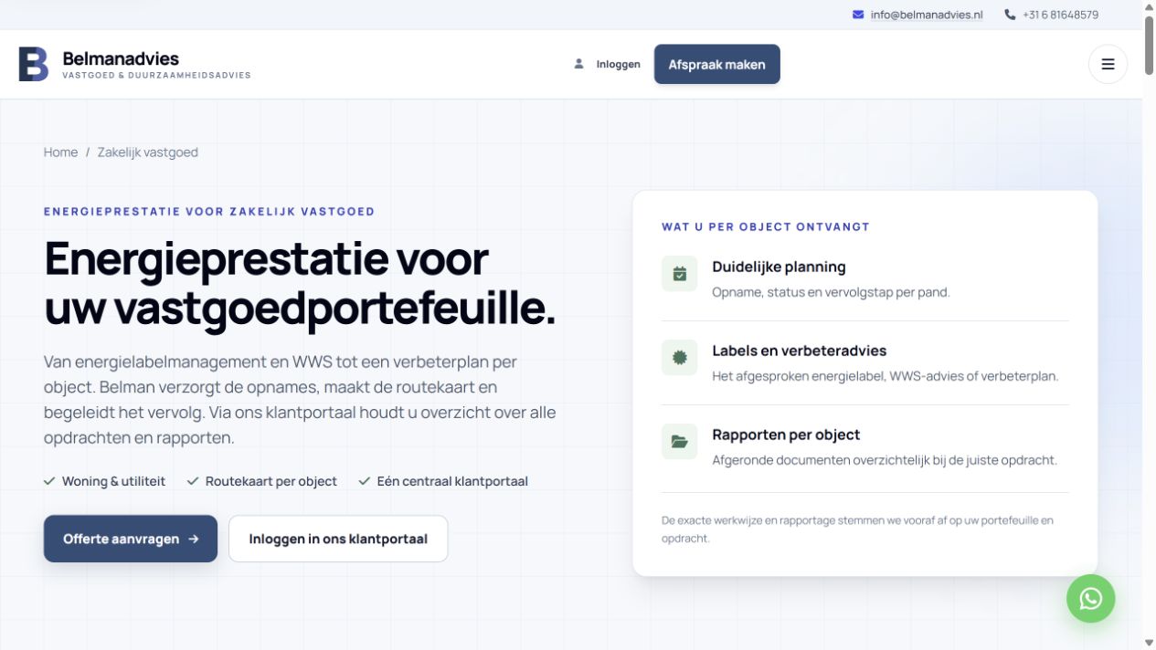 Screenshot van de Belmanadvies-website voor zakelijke vastgoedklanten