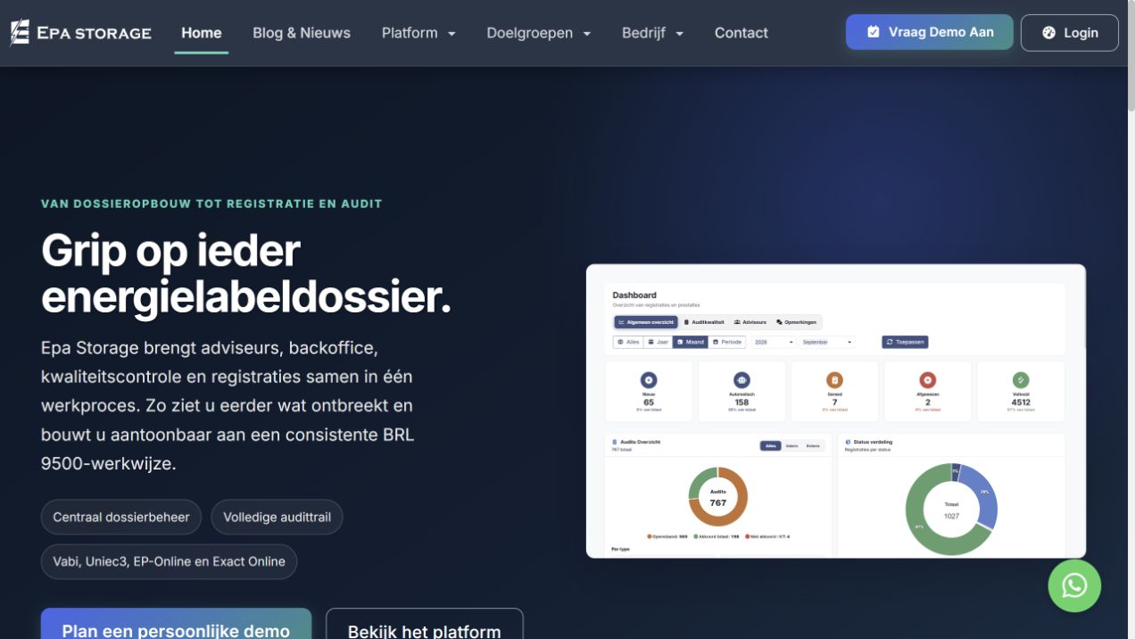 Screenshot van de EPAStorage-website met het platformdashboard